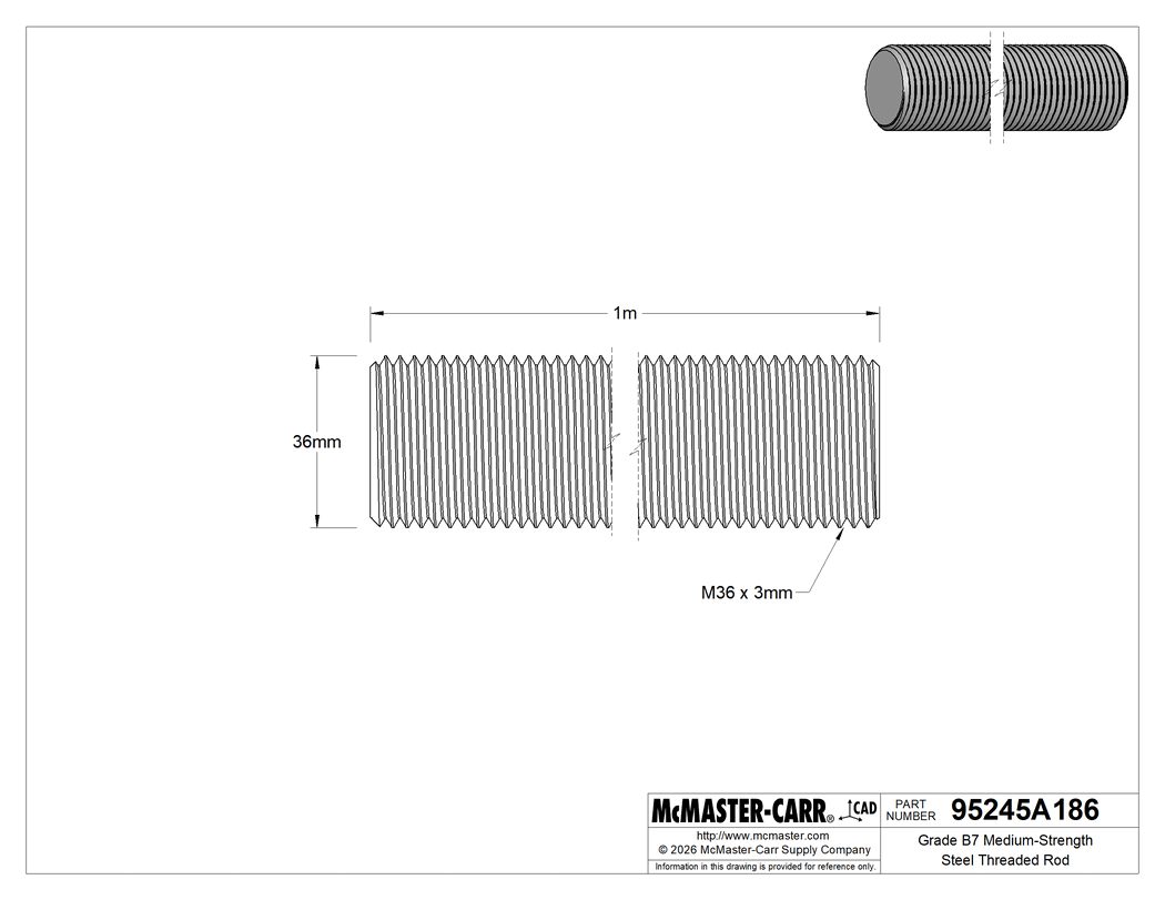 Technical Drawing of Grade B7 Medium-Strength Steel Threaded Rod, Fine-Thread, M36 x 3 mm Thread, 1 M Long.